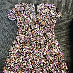 SHEIN Pink and Yellow Puff Sleeve V-Neck Sundress